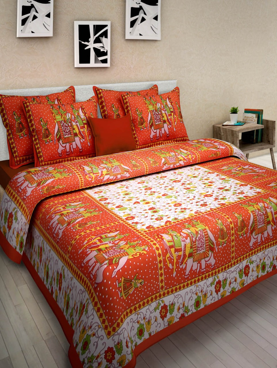 Organic Vibes Orange Baraat Design Cotton Bed Cover with Pillows