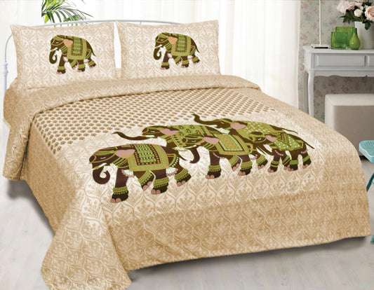 Organic Vibes Beige Hand Printed Elephant Design Bed Cover with Pillows
