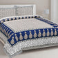 Organic Vibes Blue Block printed Motifs on White Bedsheet with Pillow cover