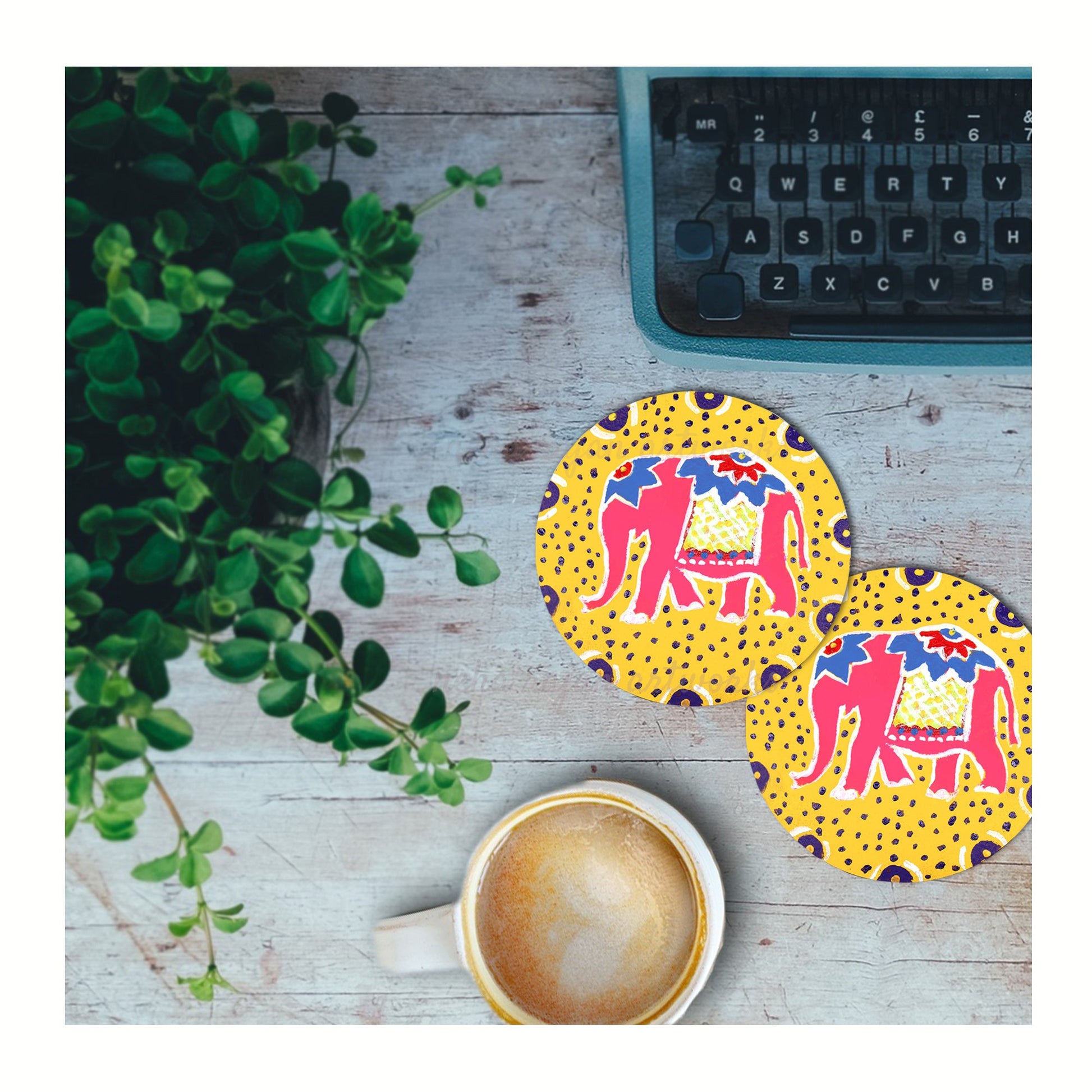 Neha Rajan Artworks Original Wooden Round Coffee/ Tea Coasters Set- Handcrafted & Hand-Painted Elephant Coaster with Easel for Kitchen/Table & Home Decor/Gifts/Restaurants/Living Room/Coffee Table (Set of 2)