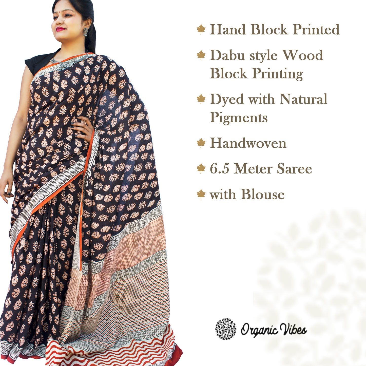 Organic Vibes Black Handblock Printed Mulmul Cotton Saree with Orange White Buties For Women