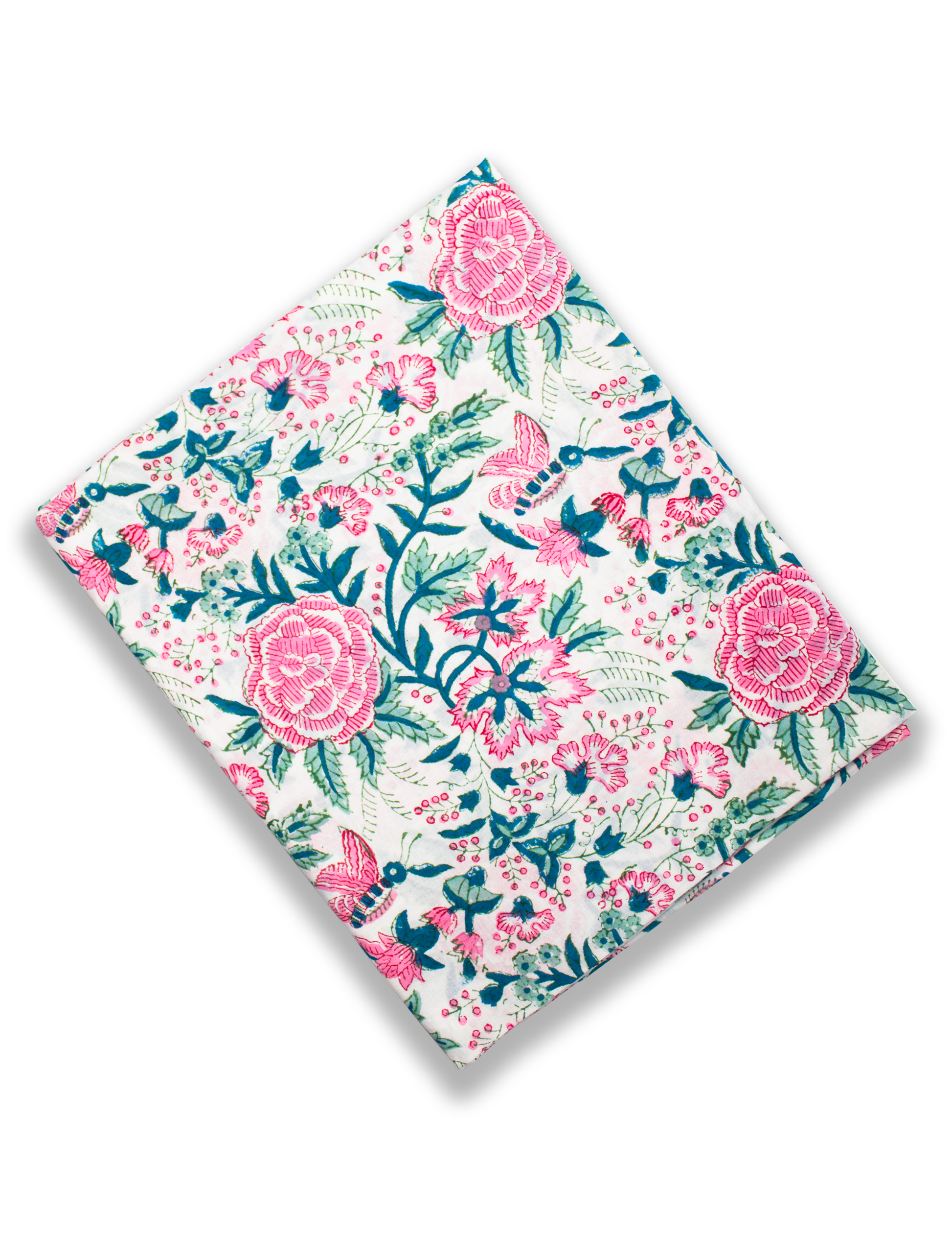 Organic Vibes Hand Block Printed Pink Blue Floral Chanderi Silk Kurta set Unstitched Fabric with Dupatta