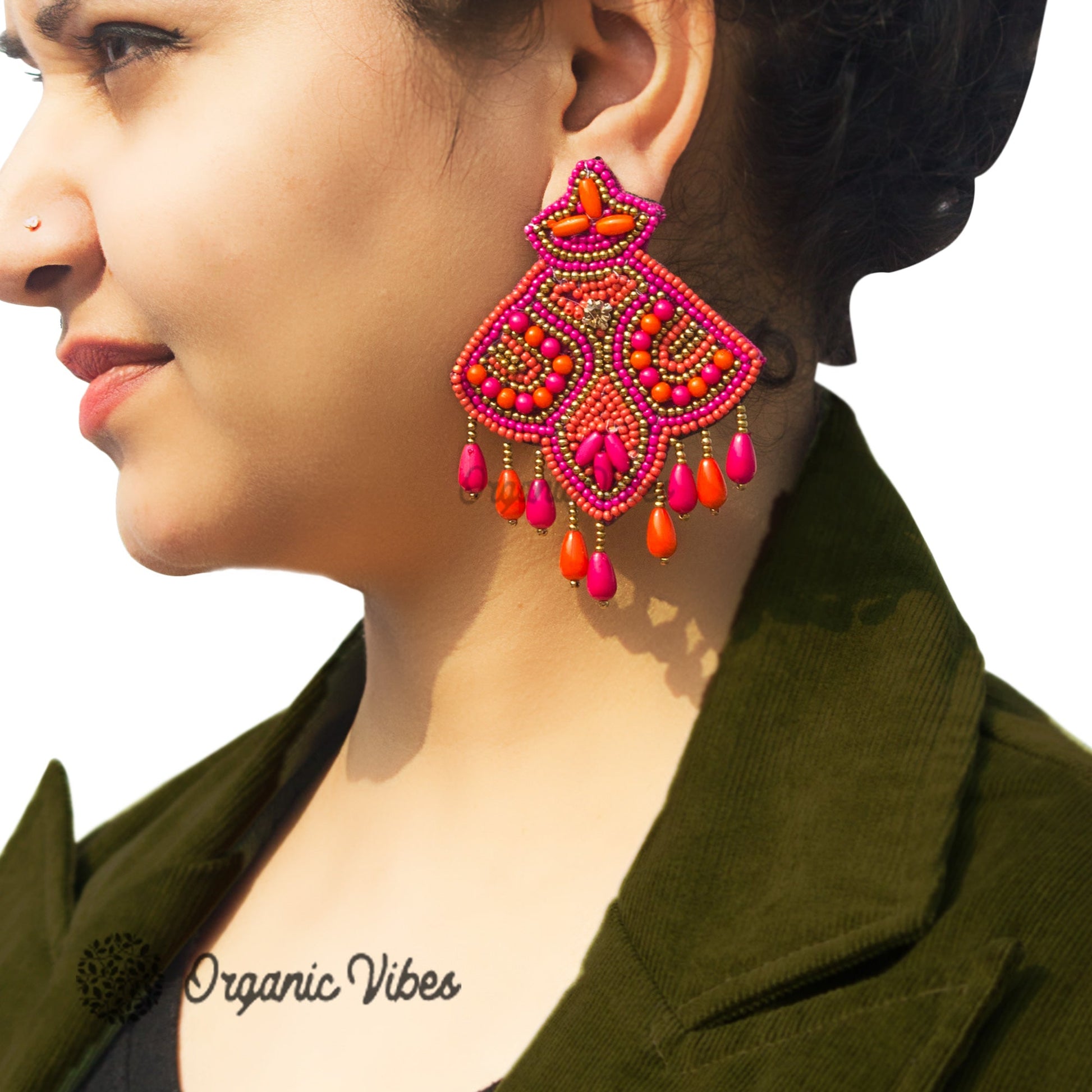 Organic Vibes Pink Orange Hand Embroidered Upcycled Beaded Fabric Earrings For Girls