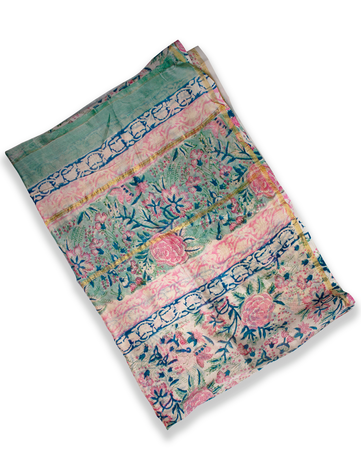 Organic Vibes Hand Block Printed Pink Blue Floral Chanderi Silk Kurta set Unstitched Fabric with Dupatta
