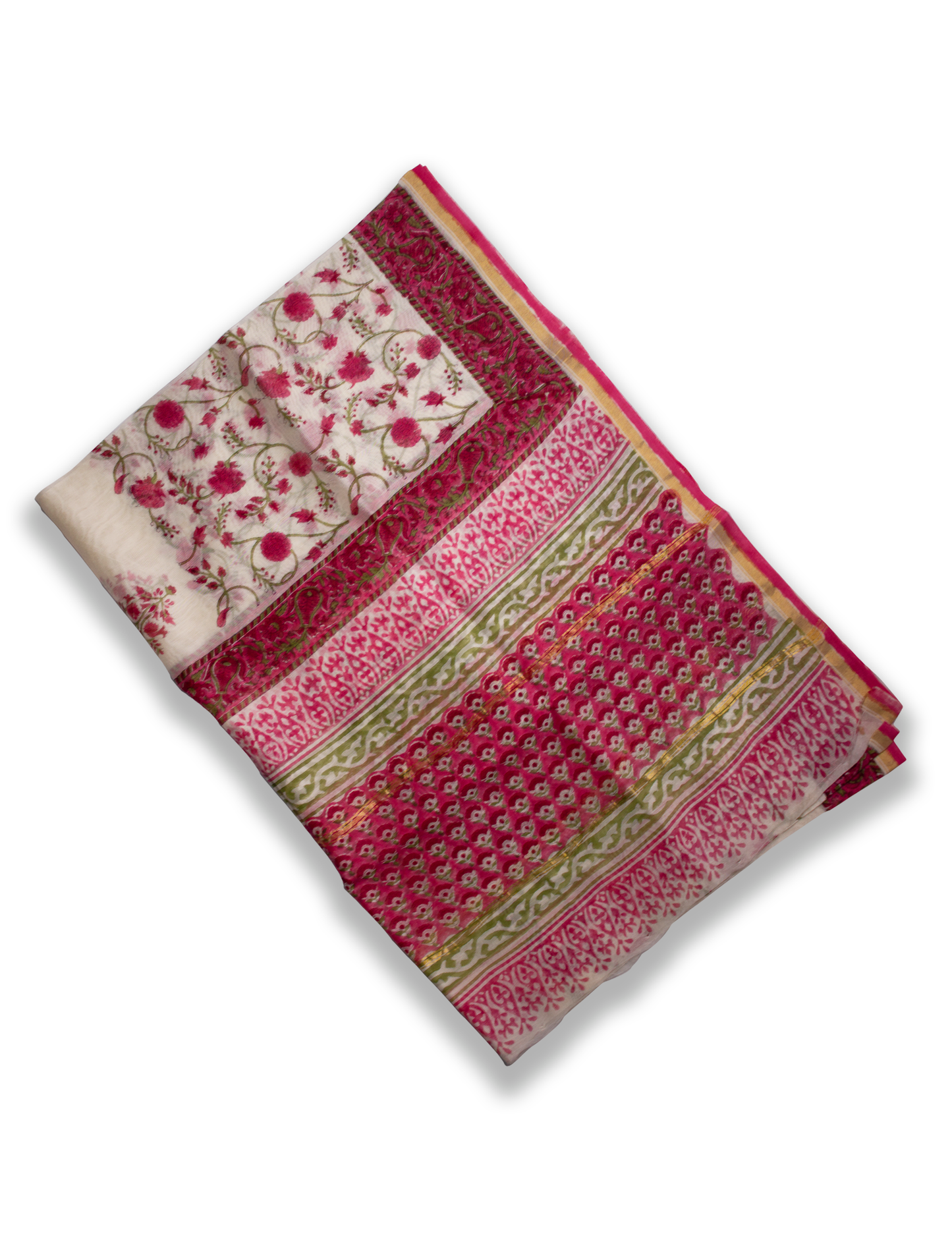 Organic Vibes Pink Red Floral Chanderi Silk Hand Block Printed Kurta set unstitched Fabric with Dupatta