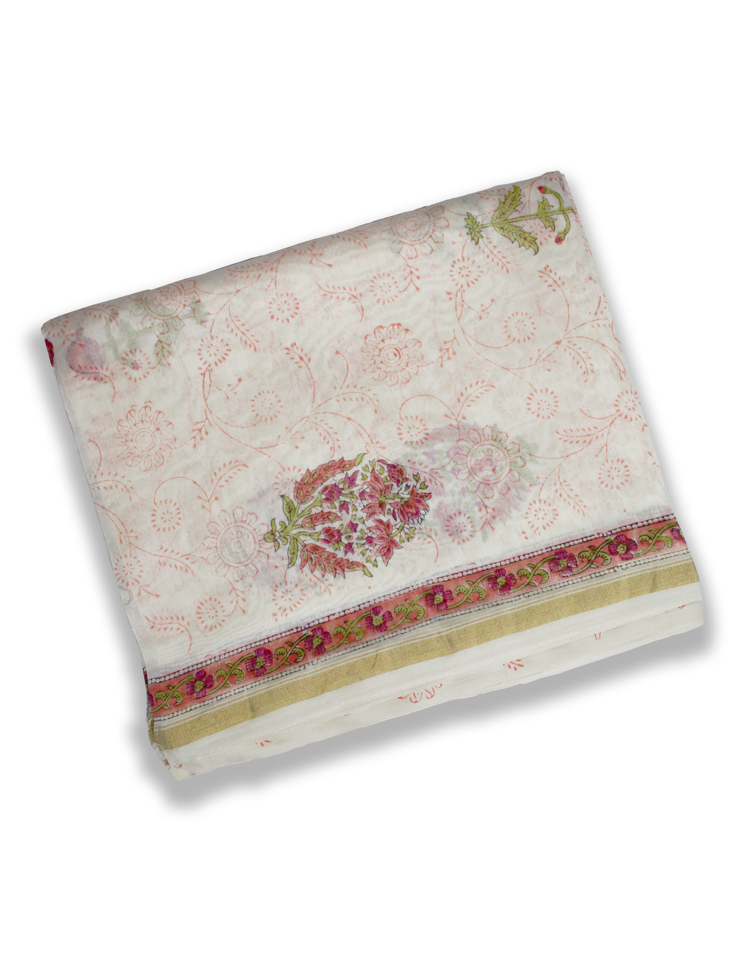Organic Vibes White Red Floral Chanderi Silk Hand Block Printed Kurta Set unstitched Fabric with Dupatta