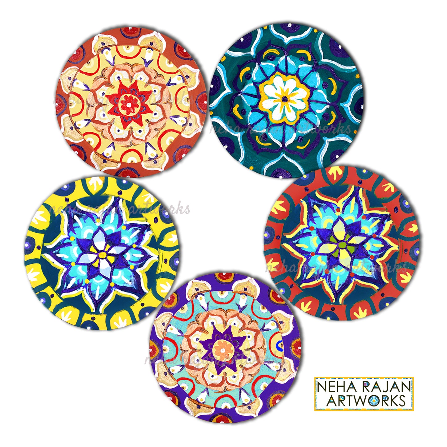 Neha Rajan Artworks Original Wooden Round Coffee/ Tea Coasters Set- Handcrafted & Hand-Painted Floral Mandala Coaster with Easel for Kitchen/Table & Home Decor/Gifts/Restaurants/Living Room/Coffee Table (Set of 4)