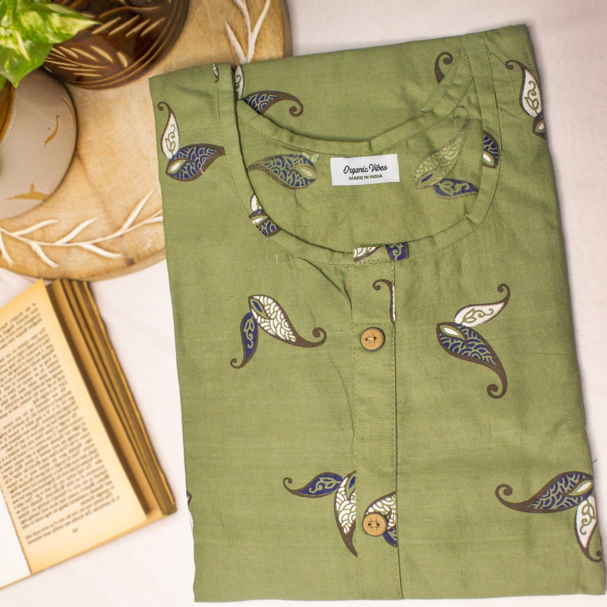 Organic Vibes Olive Green Block Printed Cotton Straight Kurta with Wooden Buttons