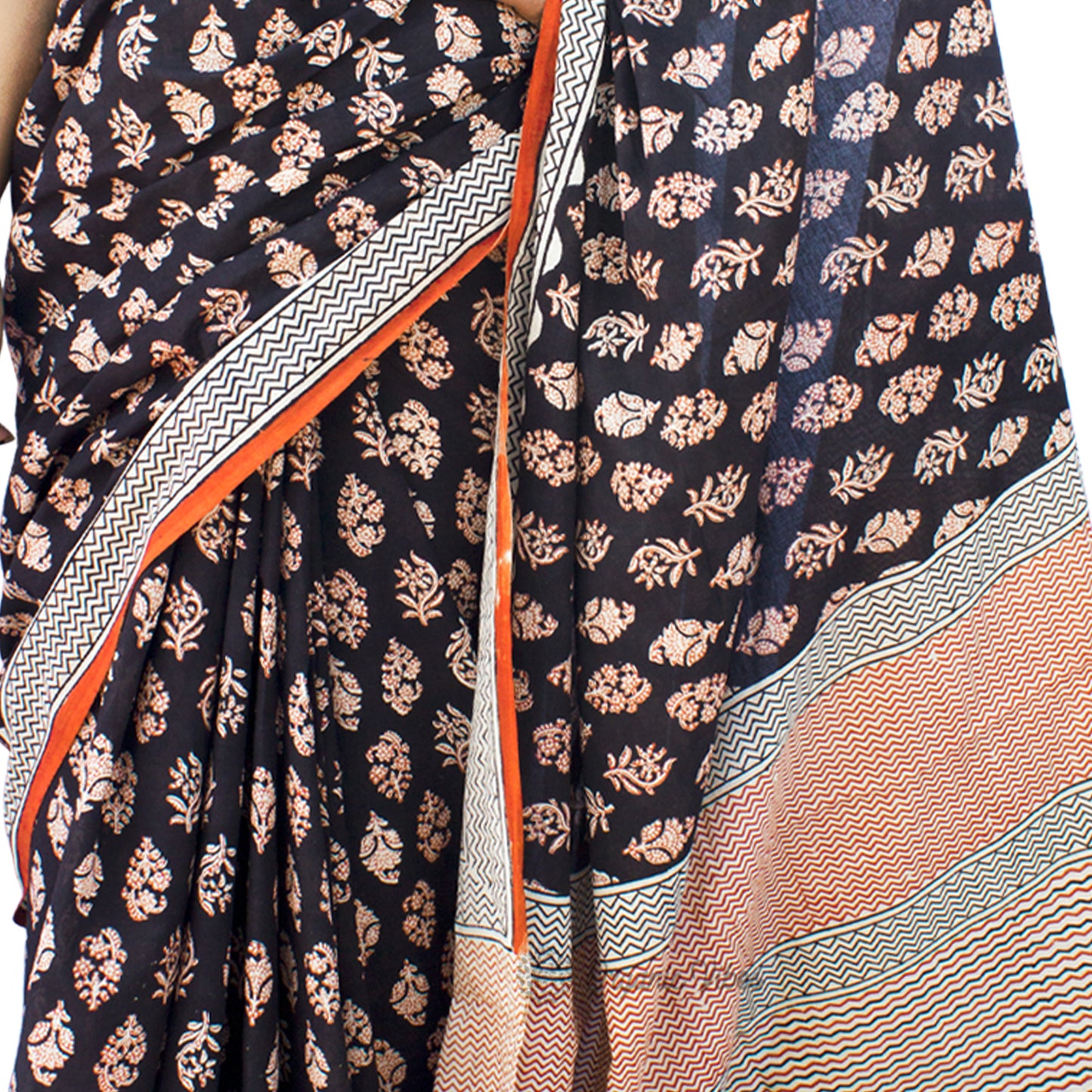 Organic Vibes Black Handblock Printed Mulmul Cotton Saree with Orange White Buties For Women