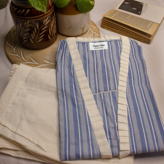 Organic Vibes Blue Handwoven Natural Color Pure Cotton Striped Regular Kurta Set