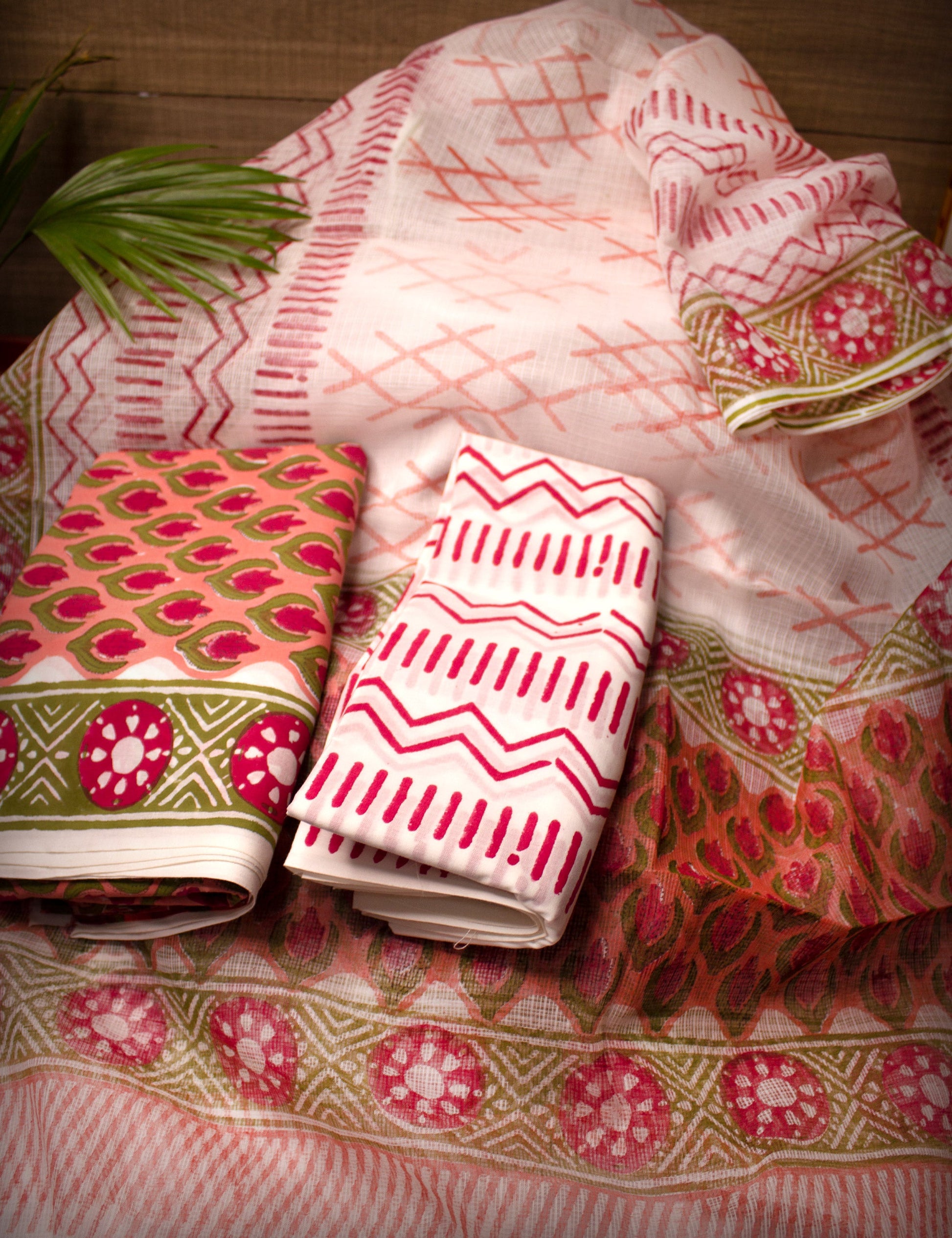 Organic Vibes Pink Tulip Floral Cotton Hand Block Printed Kurta Set unstitched Fabric with Kota Doria Dupatta