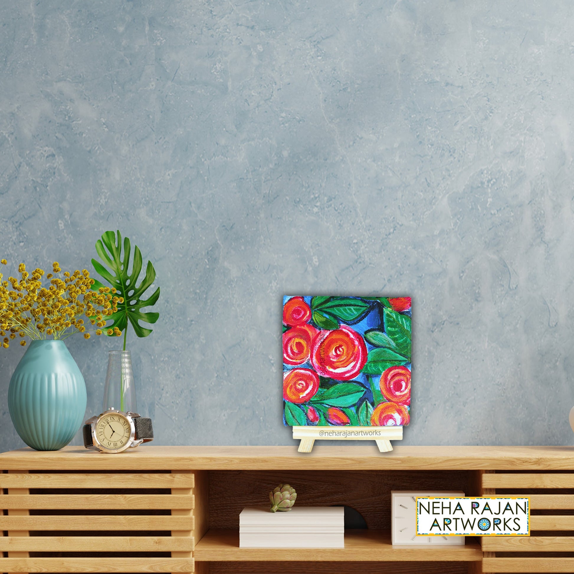 Neha Rajan Artworks Original Handmade Rose Painting Hand Painted On Canvas Frame With Easel 4*4