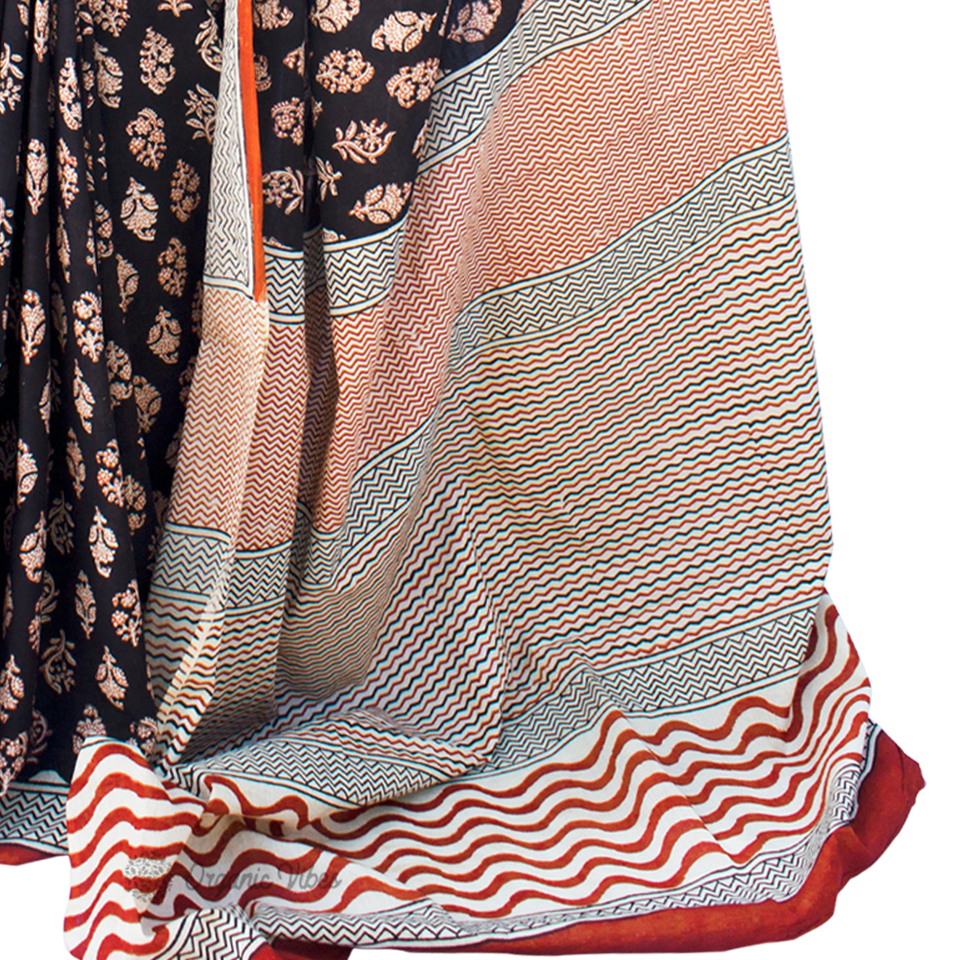 Organic Vibes Black Handblock Printed Mulmul Cotton Saree with Orange White Buties For Women