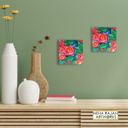 Neha Rajan Artworks Original Handmade Rose Painting Hand Painted On Canvas Frame Without Easel 4*4