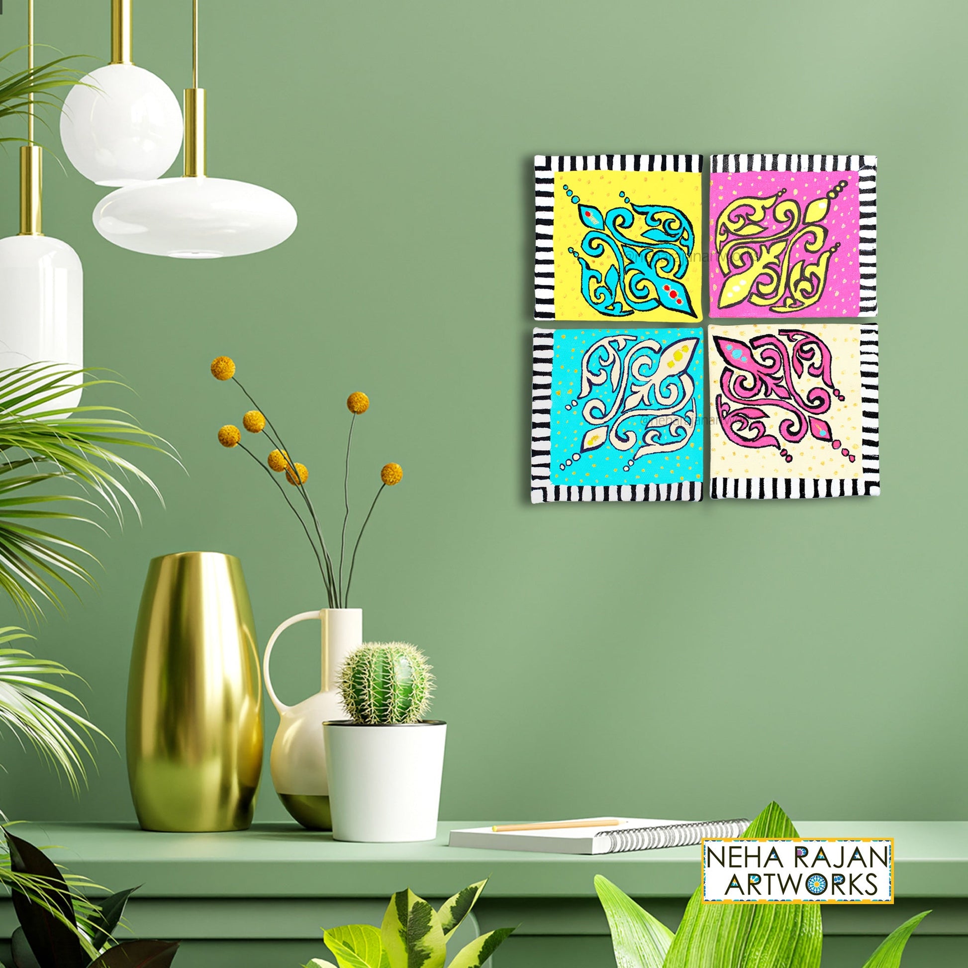 Neha Rajan Artworks Original Handmade Colorful Floral Series Hand Painted On Canvas Frame 4*4(Set of 4)