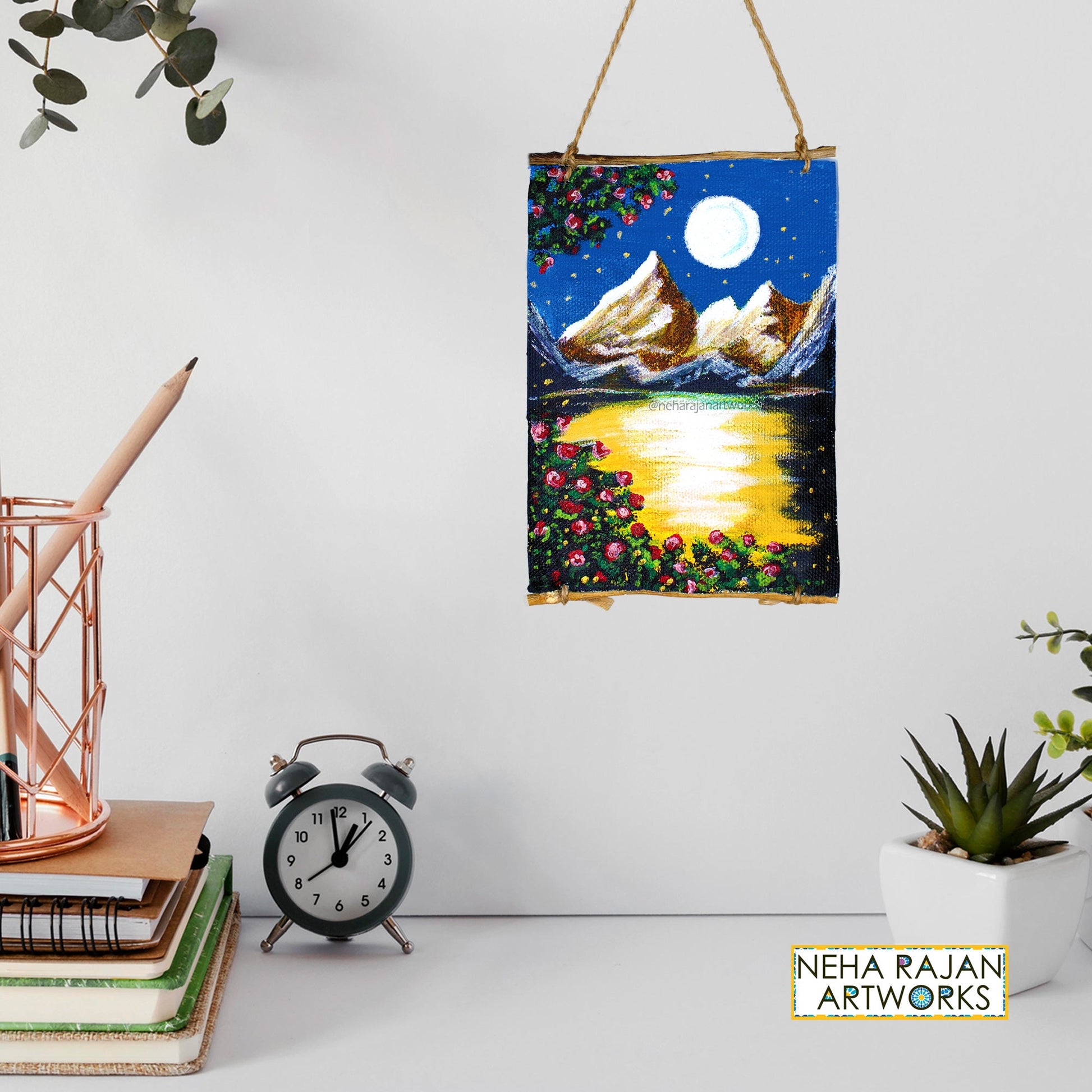 Neha Rajan Artworks Original Handmade Full Moon Scenery Painting Hand Painted On Canvas Roll 4*6