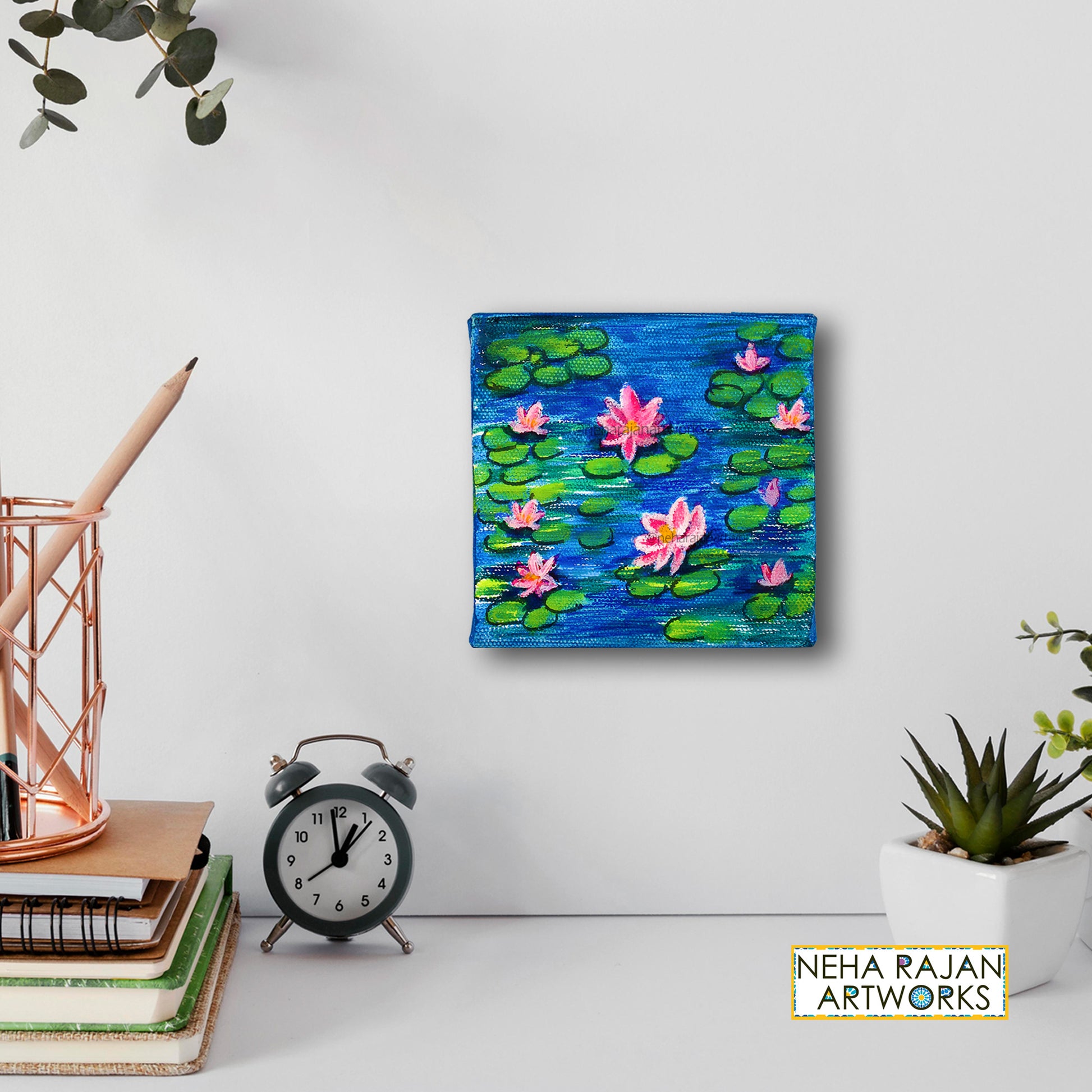Neha Rajan Artworks Original Handmade Blue Lotus Painting Hand Painted On Canvas Frame 4*4
