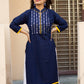 Organic Vibes Blue Khadi Cotton Mirror Work Kurta With Yellow piping Design For Women