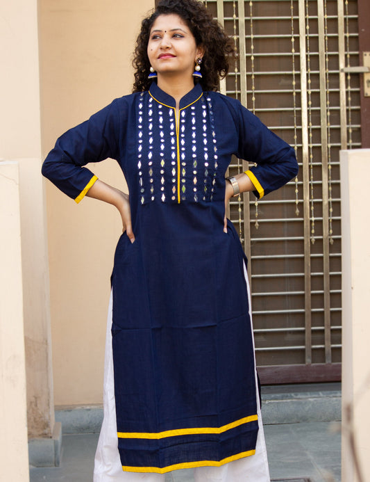Organic Vibes Blue Khadi Cotton Mirror Work Kurta With Yellow piping Design For Women