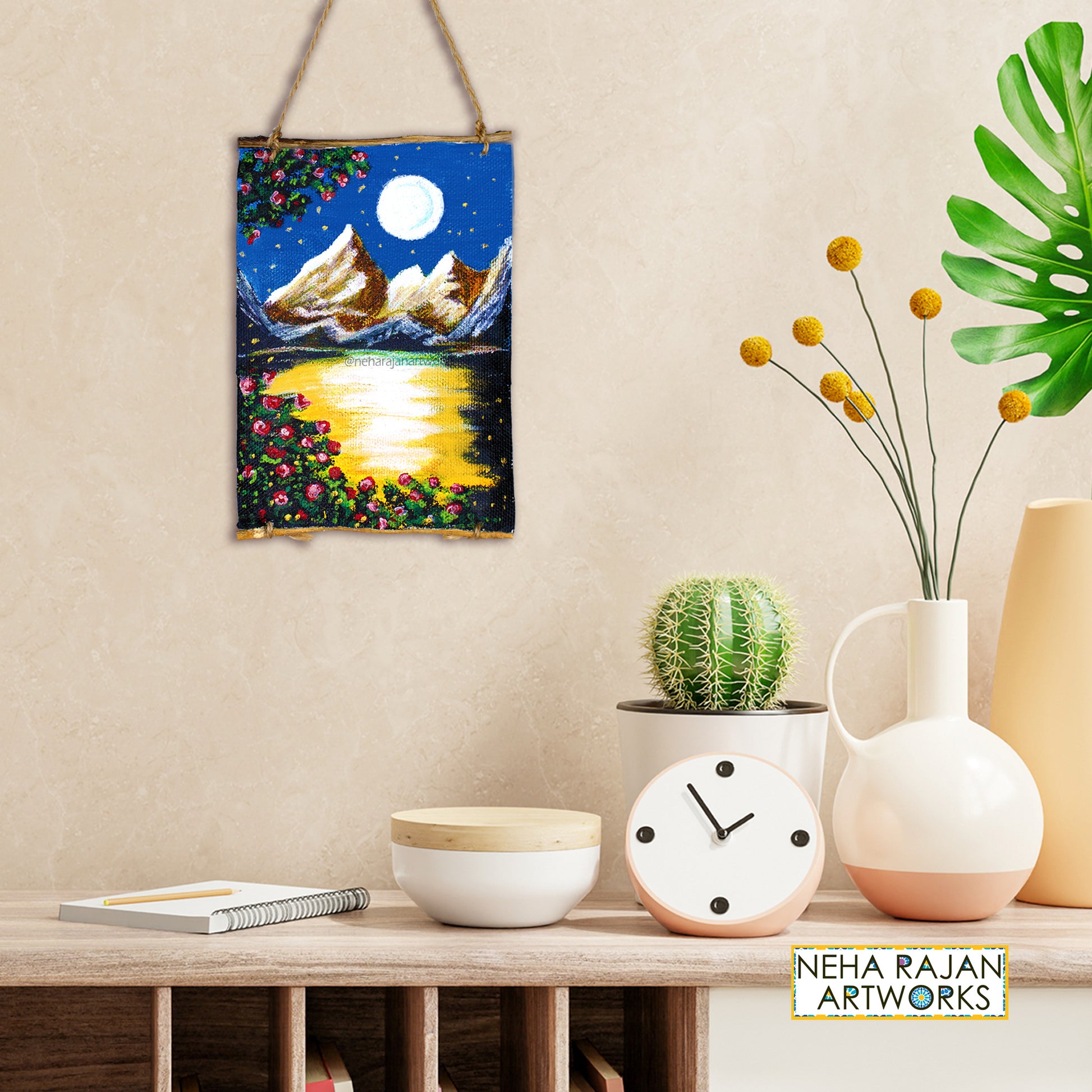 Neha Rajan Artworks Original Handmade Full Moon Scenery Painting Hand Painted On Canvas Roll 4*6