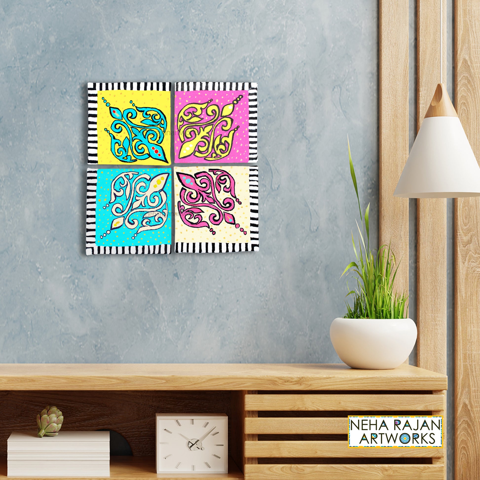 Neha Rajan Artworks Original Handmade Colorful Floral Series Hand Painted On Canvas Frame 4*4(Set of 4)