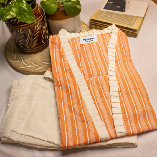 Organic Vibes Orange Handwoven Natural Color Pure Cotton Striped Regular Kurta Set