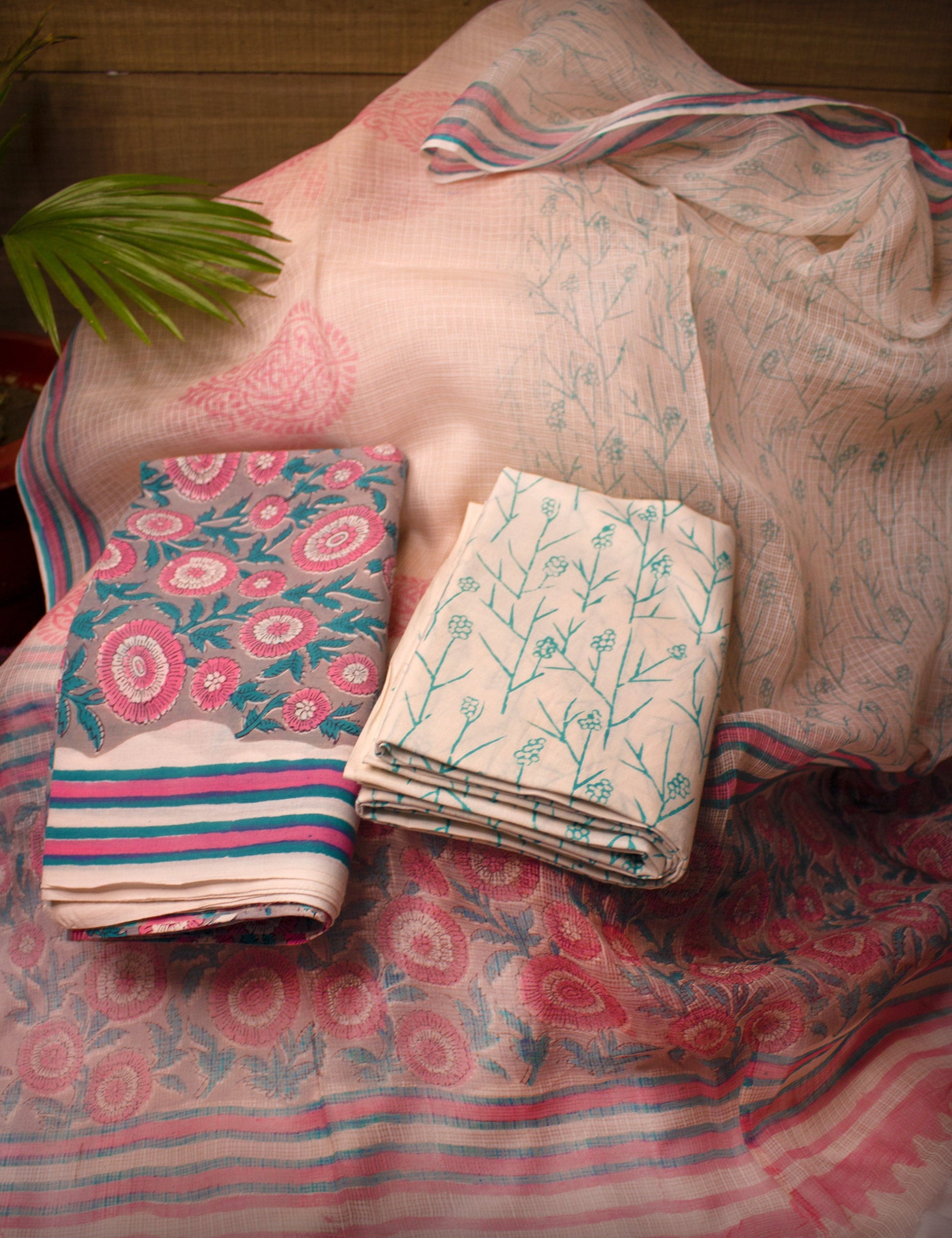 Organic Vibes Grey Pink Floral Cotton Hand Block Printed Kurta Set unstitched Fabric with Kota Doria Dupatta