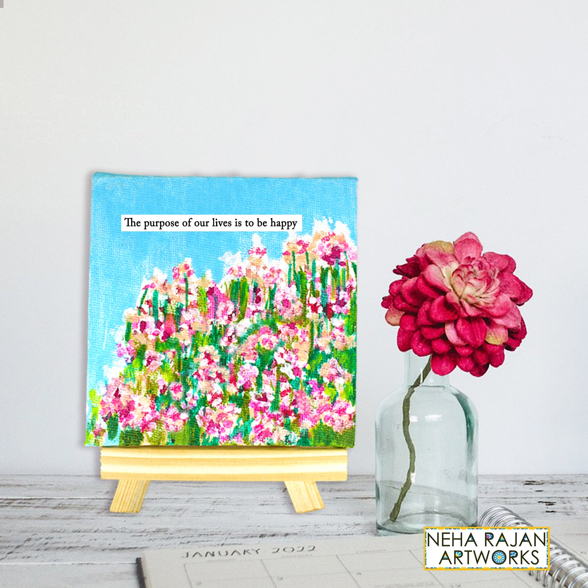 Neha Rajan Artworks Original Handmade Floral Sky Painting Hand Painted On Canvas Frame With Easel 4*4