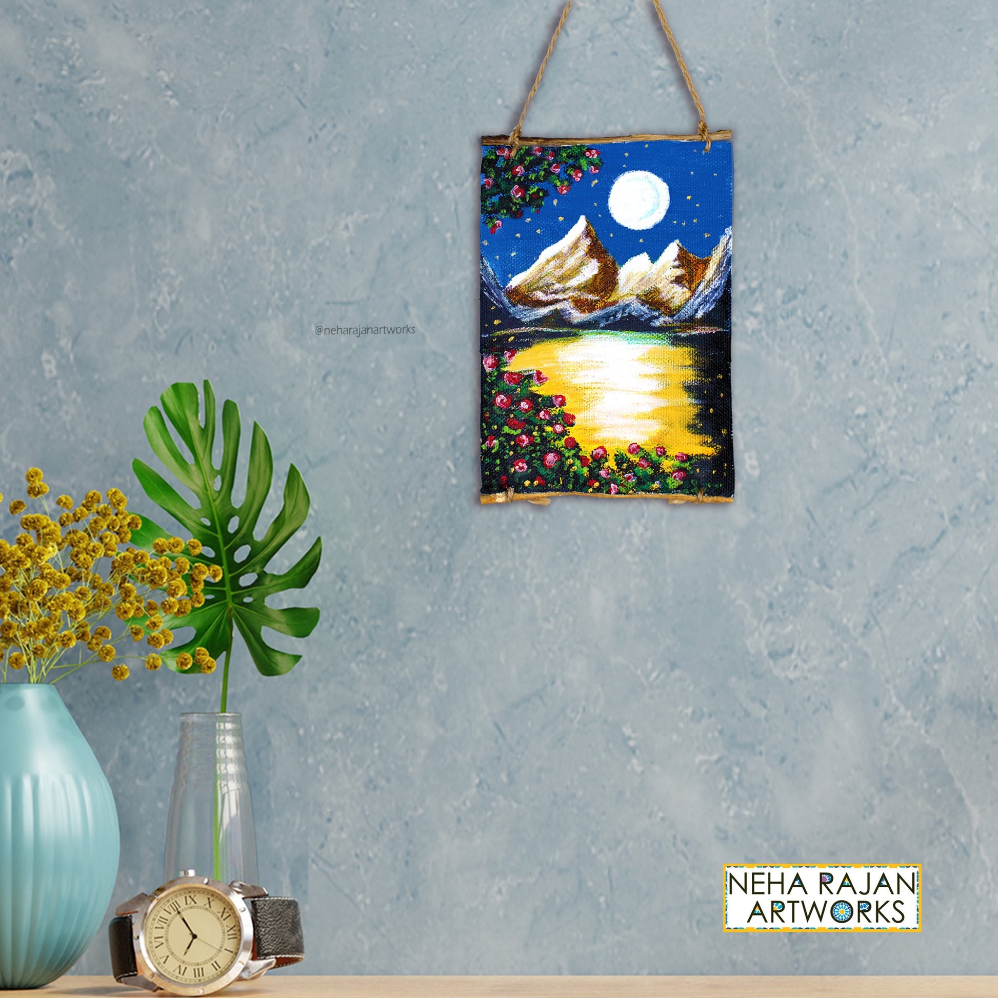 Neha Rajan Artworks Original Handmade Full Moon Scenery Painting Hand Painted On Canvas Roll 4*6