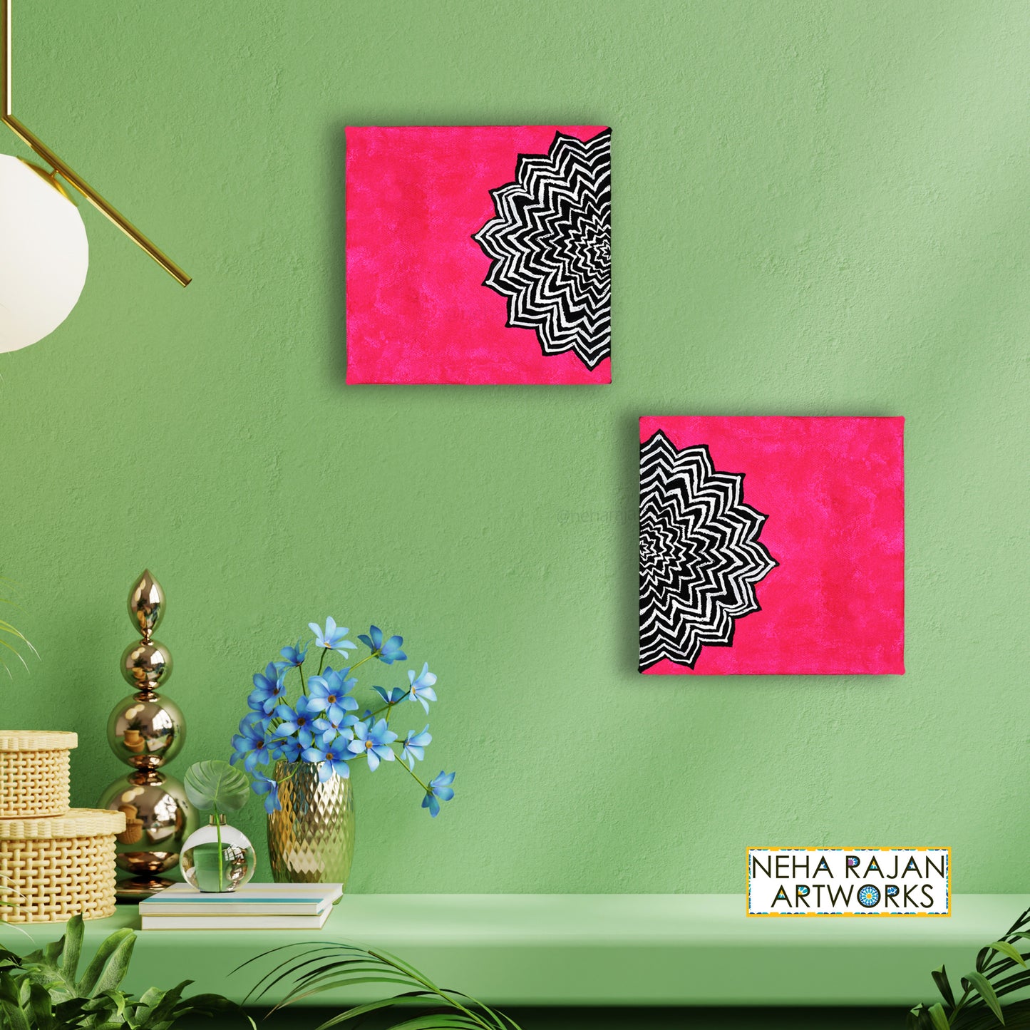 Neha Rajan Artworks Original Handmade Hot Pink Mandala Painting Hand Painted On Canvas Frame 6*6
