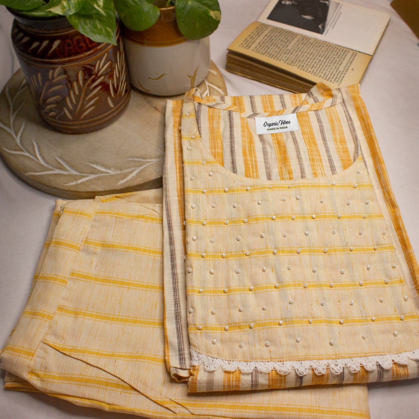 Organic Vibes Yellow Regular Kurta Set Handwoven Natural Color Pure Cotton Striped 