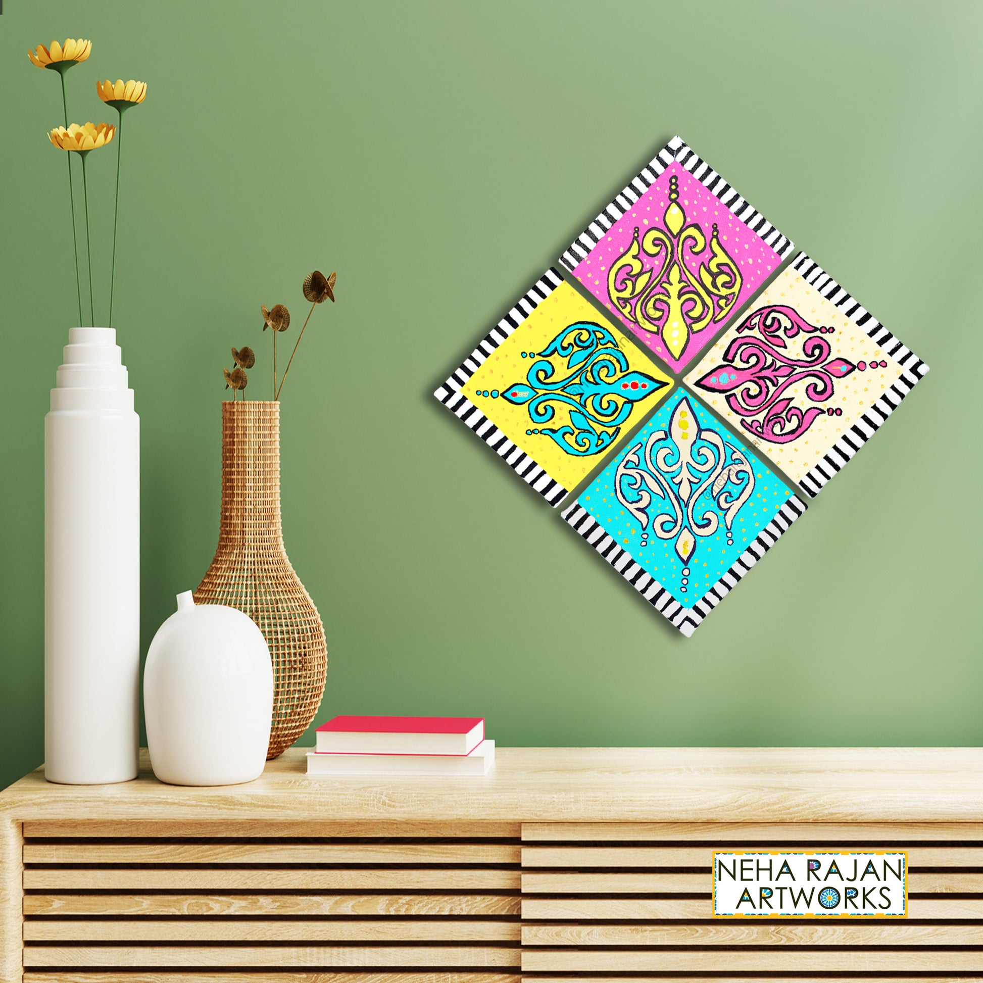 Neha Rajan Artworks Original Handmade Colorful Floral Series Hand Painted On Canvas Frame 4*4(Set of 4)
