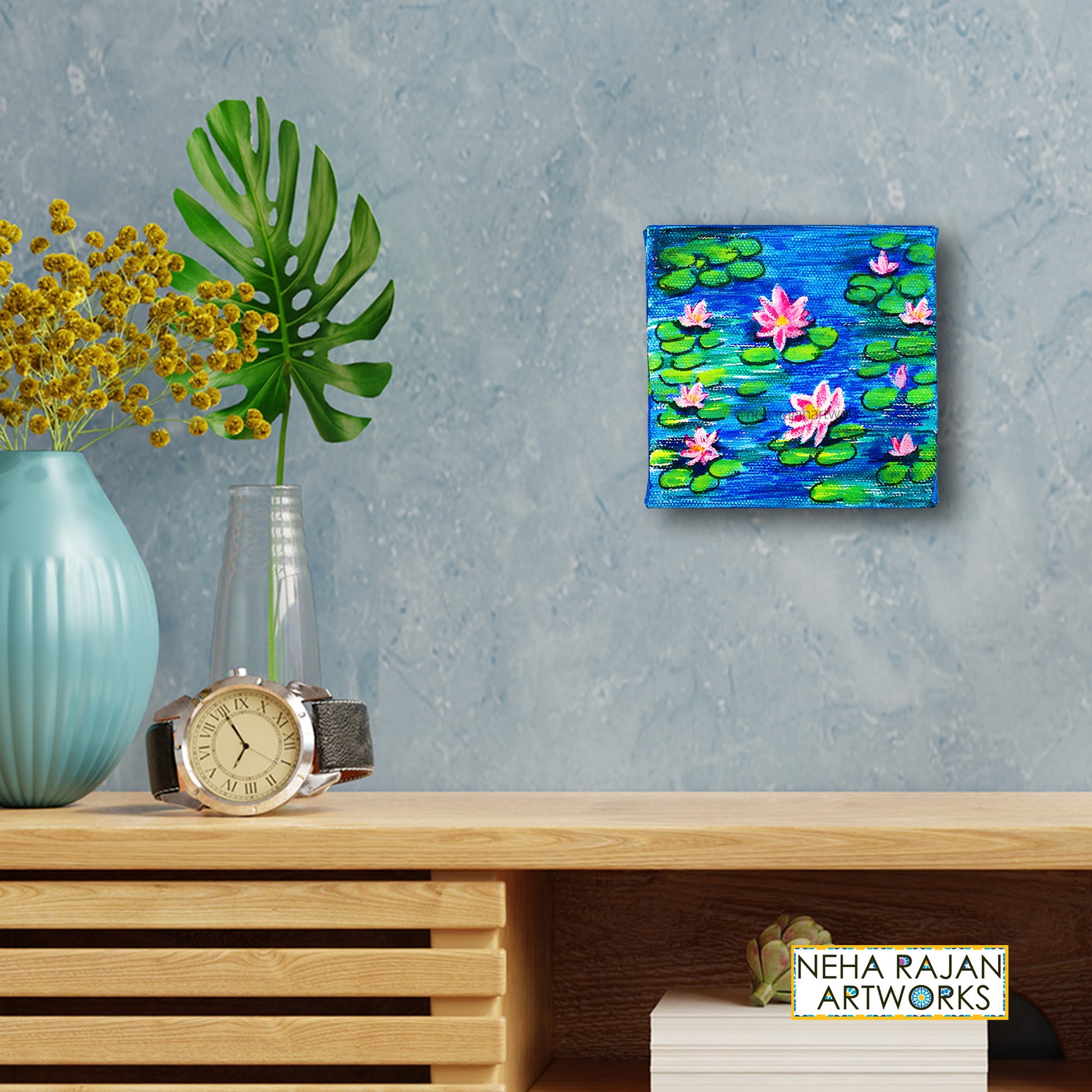 Neha Rajan Artworks Original Handmade Blue Lotus Painting Hand Painted On Canvas Frame 4*4