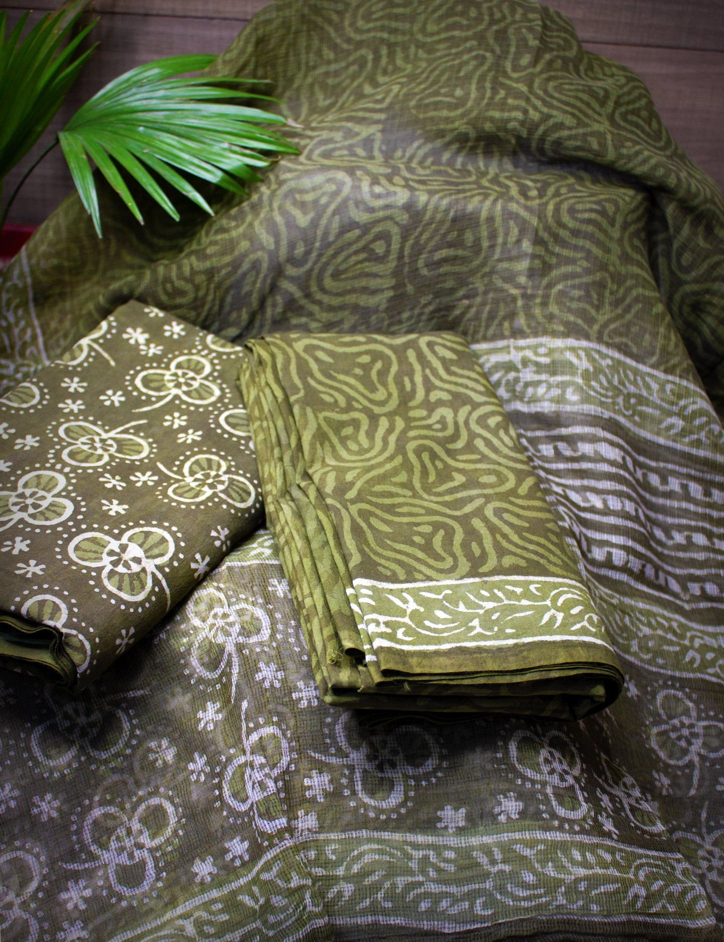Organic Vibes Green Dabu Cotton Hand Block Printed Kurta Set unstitched Fabric with Kota Doria Dupatta