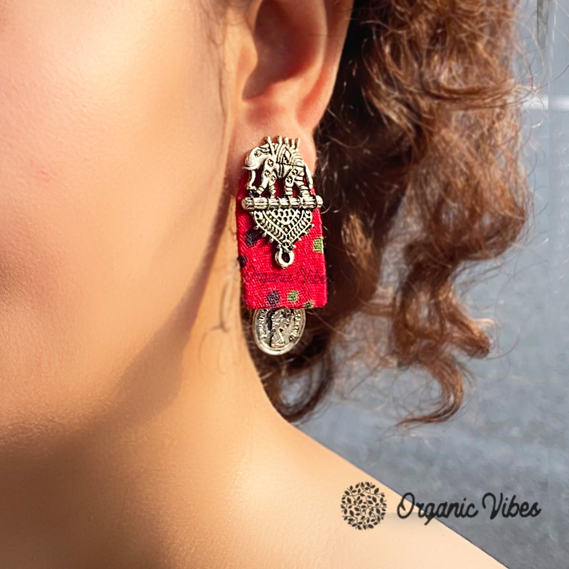 Organic Vibes Handmade Elephant Design Red With Antique Coin Studded Fabric Earrings For Women