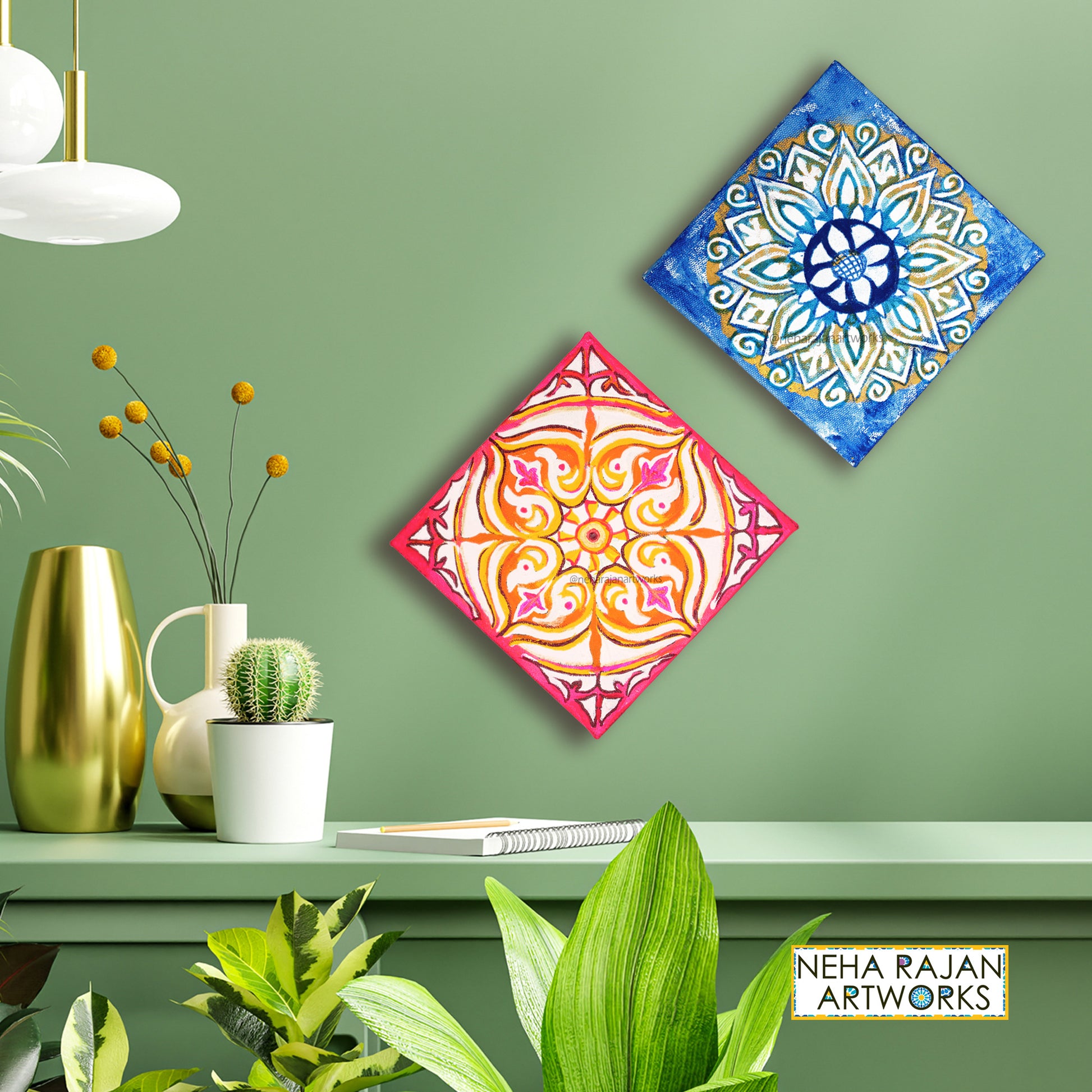 Neha Rajan Artworks Combo of Original Handmade Pink And Blue Rangoli Mandala Paintings Hand Painted On Canvas Frame 6*6