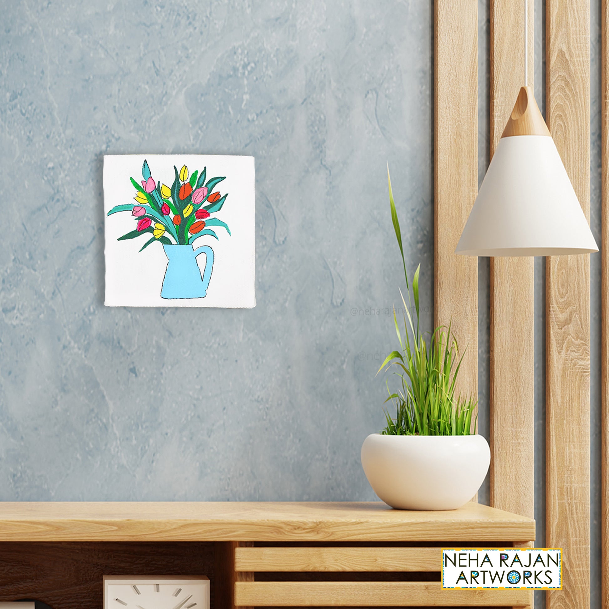 Neha Rajan Artworks Original Handmade Tulip Floral Pot Painting Hand Painted On Canvas Frame 4X4