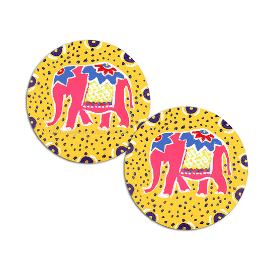 Original Wooden Round Coffee/ Tea Coasters Set- Handcrafted & Hand-Painted Elephant Coaster with Easel for Kitchen/Table & Home Decor/Gifts/Restaurants/Living Room/Coffee Table (Set of 2)