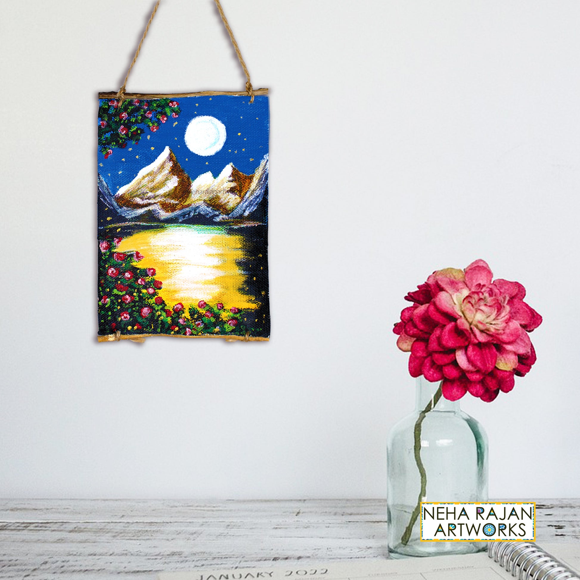 Neha Rajan Artworks Original Handmade Full Moon Scenery Painting Hand Painted On Canvas Roll 4*6