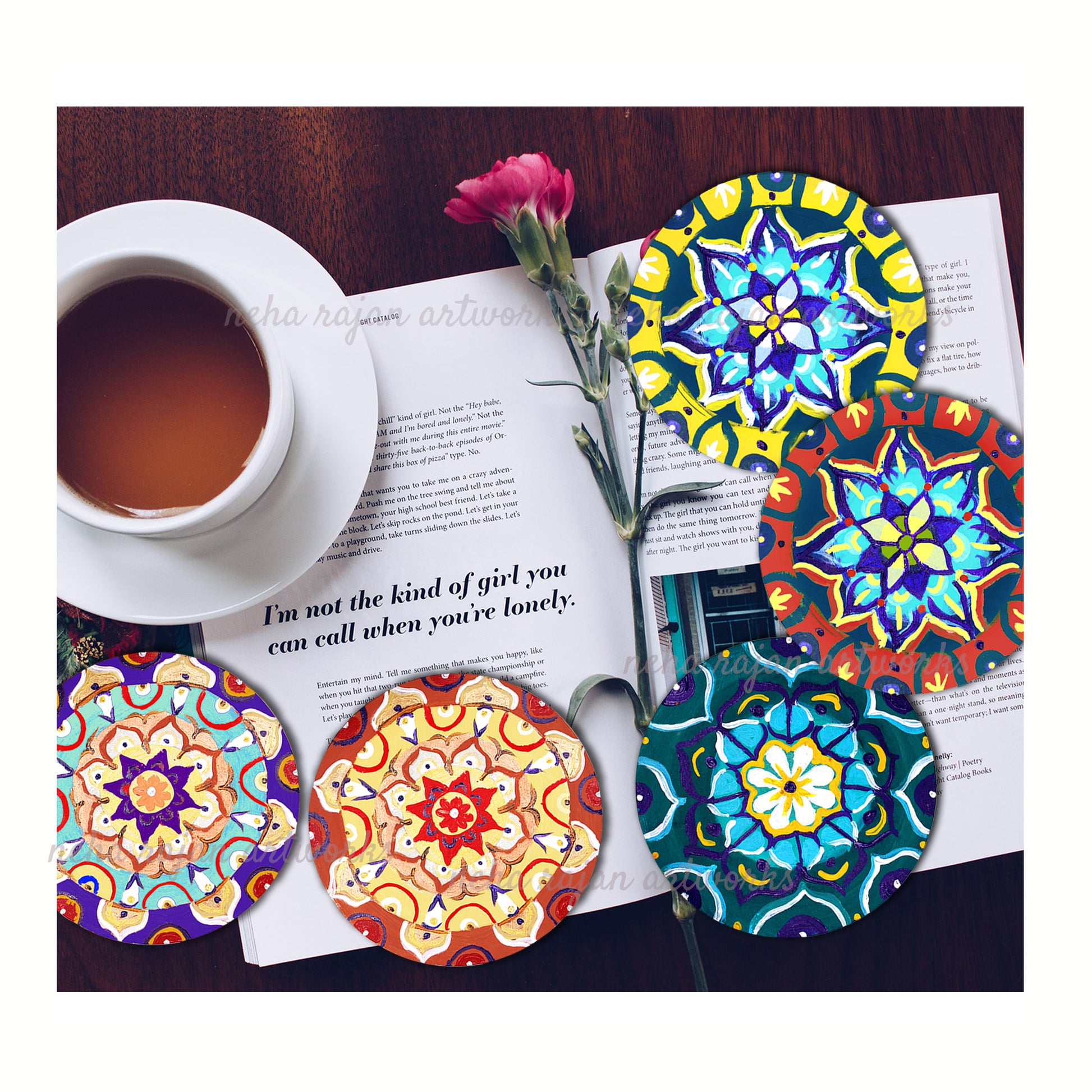 Neha Rajan Artworks Original Wooden Round Coffee/ Tea Coasters Set- Handcrafted & Hand-Painted Floral Mandala Coaster with Easel for Kitchen/Table & Home Decor/Gifts/Restaurants/Living Room/Coffee Table (Set of 4)