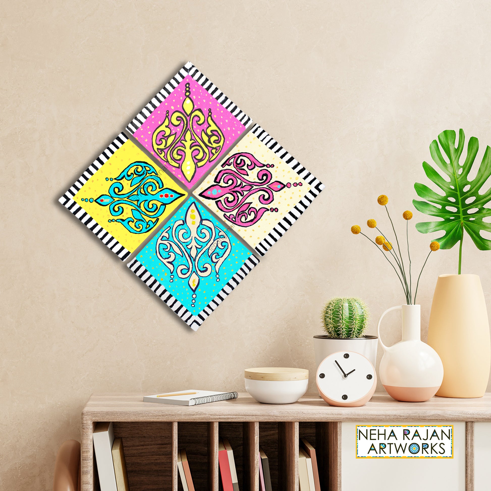 Neha Rajan Artworks Original Handmade Colorful Floral Series Hand Painted On Canvas Frame 4*4(Set of 4)