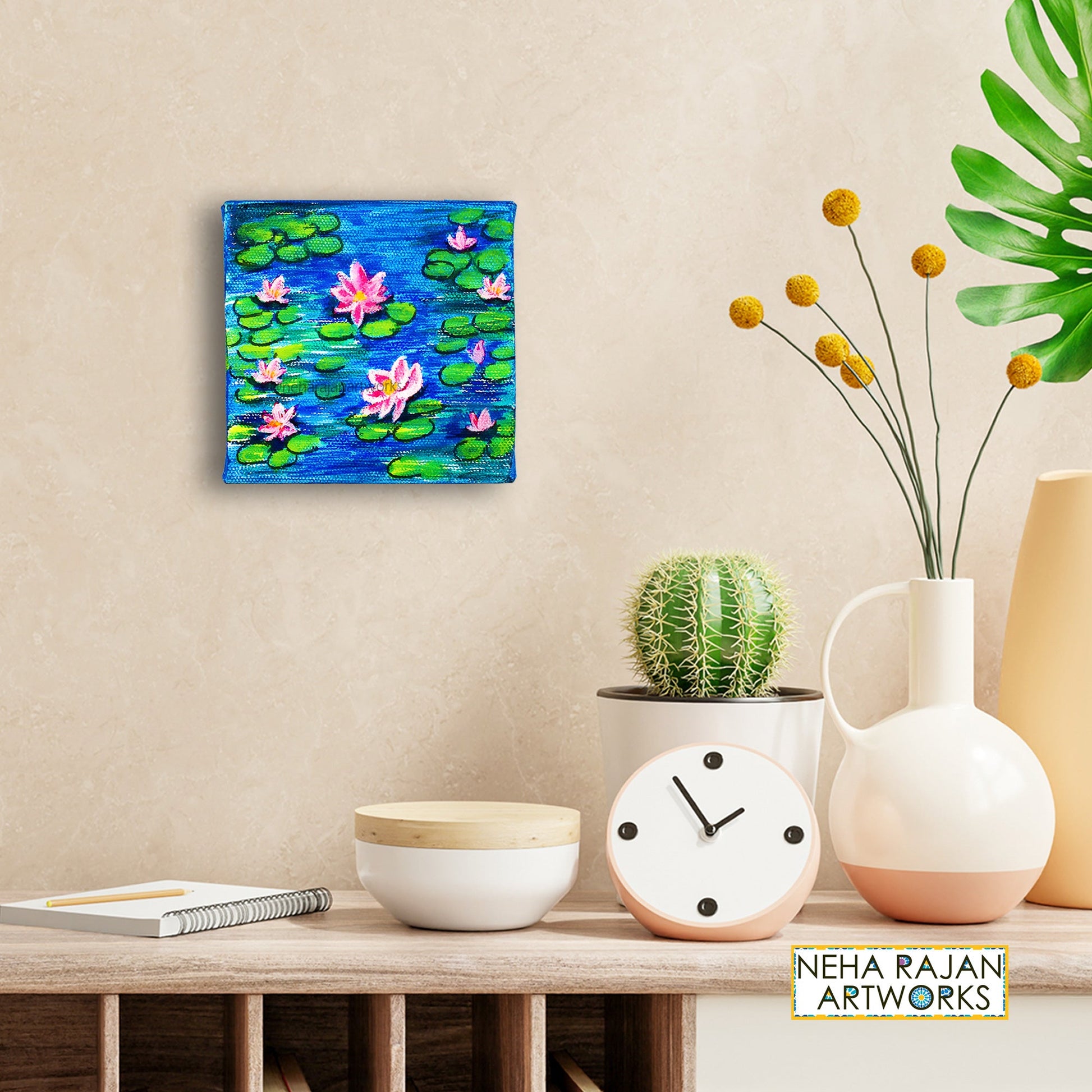 Neha Rajan Artworks Original Handmade Blue Lotus Painting Hand Painted On Canvas Frame 4*4