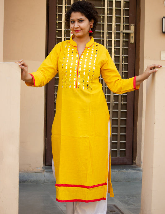 Organic Vibes Yellow Khadi Cotton Mirror Work Kurta With Pink Piping Design For Women