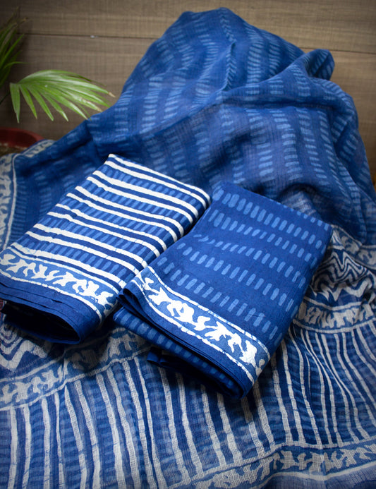 Organic Vibes Blue Indigo Dabu Cotton Hand Block Printed Kurta Set unstitched Fabric with Kota Doria Dupatta