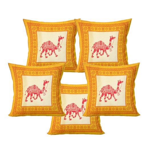 Organic Vibes Yellow Block Printed Rajasthani Camel Design Cotton Cushion Covers (Set of 5)