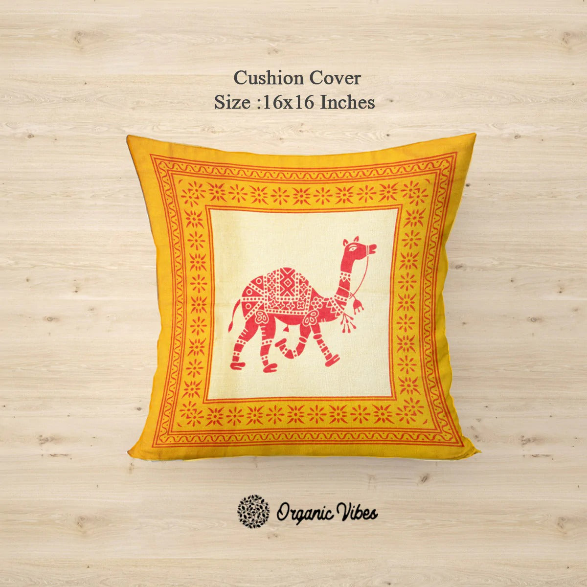 Organic Vibes Yellow Block Printed Rajasthani Camel Design Cotton Cushion Covers (Set of 5)