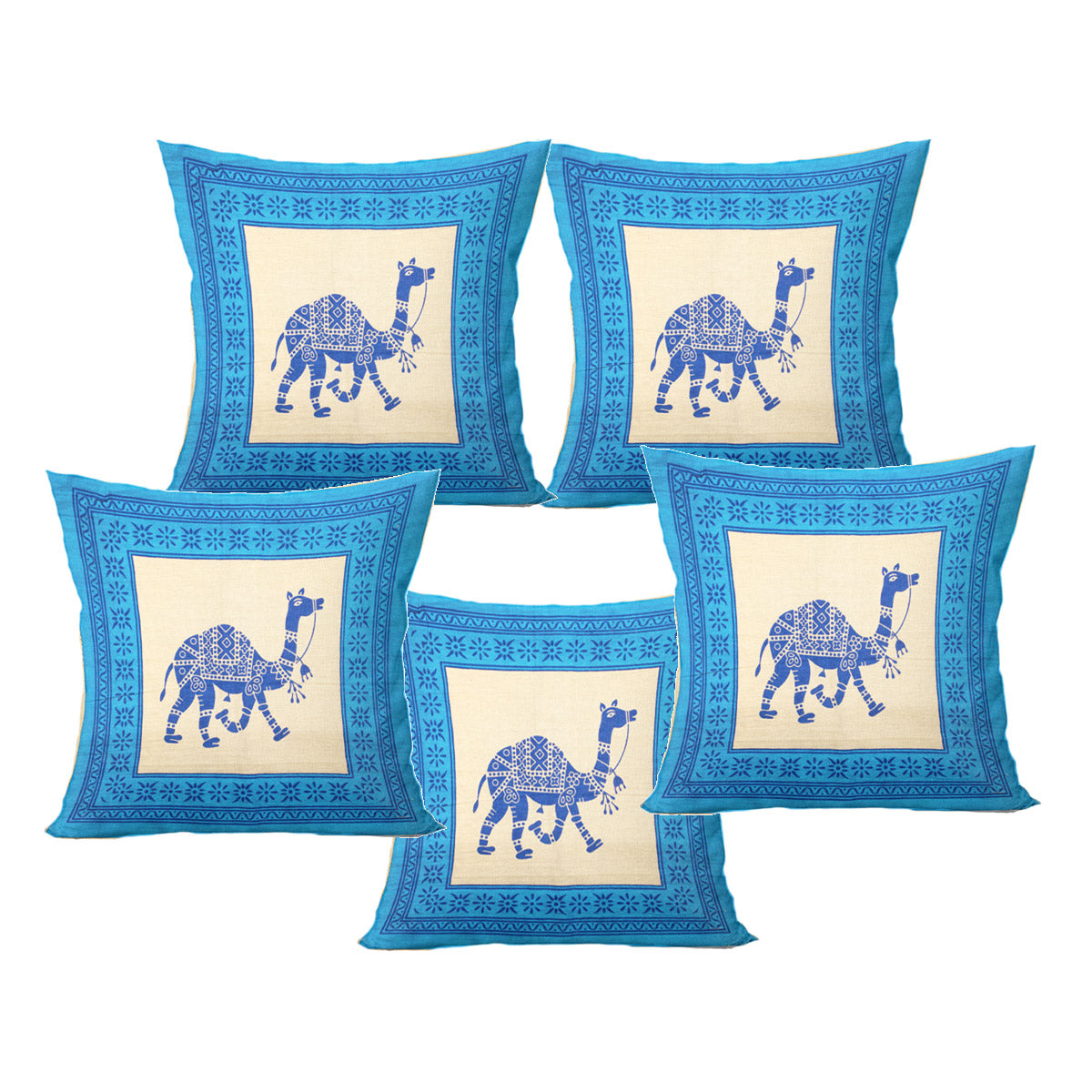 Organic Vibes Sky Blue Block Printed Rajasthani Camel Design Cotton Cushion Covers (Set of 5)