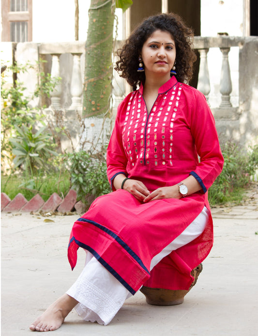 Organic Vibes Pink Khadi Cotton Mirror Work Kurta With Blue piping Design For Women