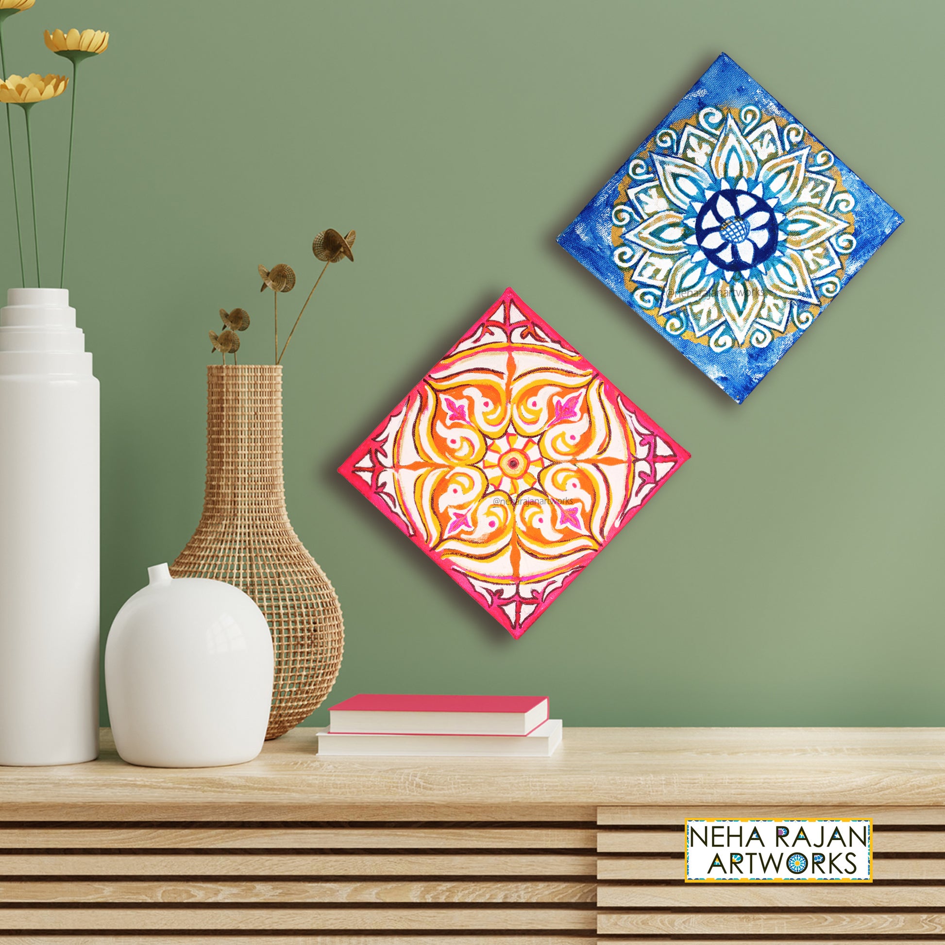 Neha Rajan Artworks Combo of Original Handmade Pink And Blue Rangoli Mandala Paintings Hand Painted On Canvas Frame 6*6