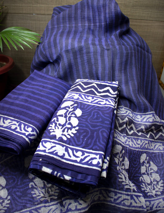 Organic Vibes Purple Floral Dabu Cotton Hand Block Printed Kurta Set unstitched Fabric with Kota Doria Dupatta